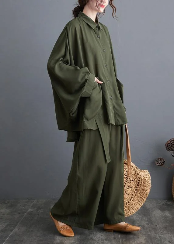 Amazing Prices You Can’t Resist!Amazing Prices You Can’t Resist!Blackish Green Two Piece Leisure Wide Legged Pants With Spring Art Loose Chiffon Shirt