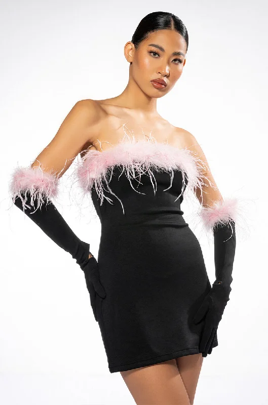 Buy One, Get One Free!Buy One, Get One Free!HOLLY FEATHER DETAIL STRAPLESS BODYCON DRESS WITH GLOVES