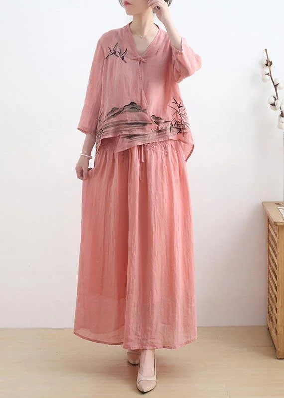 Huge Price Cuts Await!Huge Price Cuts Await!Birds Over The Clouds- Pink Oriental Summer Linen Outfit Blouse & Pants Two Pieces Set Huge Price Cuts Await!Huge Price Cuts Await!Birds Over The Clouds- Pink Oriental Summer Linen Outfit Blouse & Pants Two Pieces Set