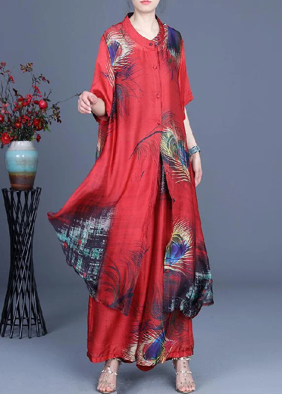 Time to Snag a Bargain!Time to Snag a Bargain!Summer 2025 Loose Silk Red Print Coat + Two Piece Pants Time to Snag a Bargain!Time to Snag a Bargain!Summer 2025 Loose Silk Red Print Coat + Two Piece Pants