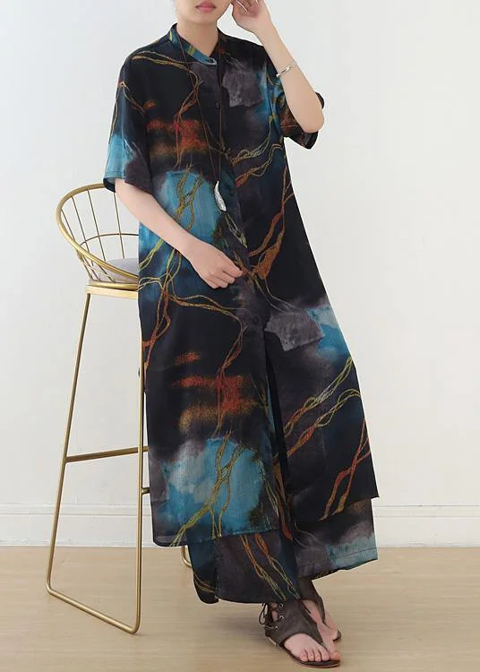 Price Drop Alert!Price Drop Alert!Spring And Summer Blue Print Shirt Top Loose Wide Leg Pants Two Piece Suit Price Drop Alert!Price Drop Alert!Spring And Summer Blue Print Shirt Top Loose Wide Leg Pants Two Piece Suit