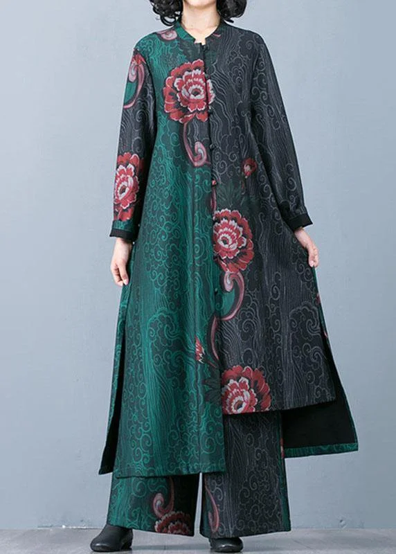 Grab Yours Before It’s Too Late!Grab Yours Before It’s Too Late!Large size women's long section cardigan top loose wide leg pants retro green print two-piece suit Grab Yours Before It’s Too Late!Grab Yours Before It’s Too Late!Large size women's long section cardigan top loose wide leg pants retro green print two-piece suit