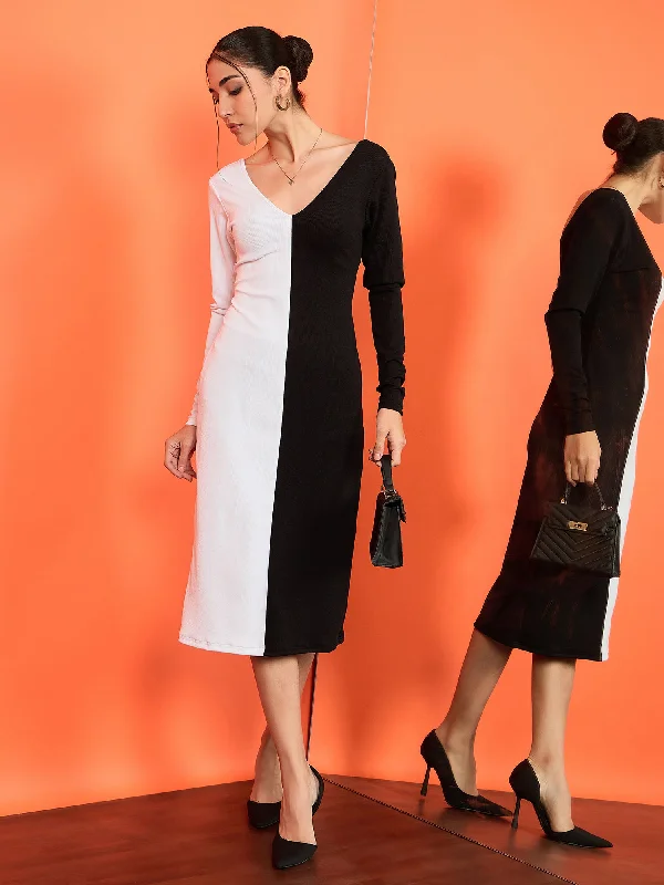 Mega Sale Happening Now!Mega Sale Happening Now!Ribbed Dual Tone Full Sleeves Bodycon Dress Mega Sale Happening Now!Mega Sale Happening Now!Ribbed Dual Tone Full Sleeves Bodycon Dress