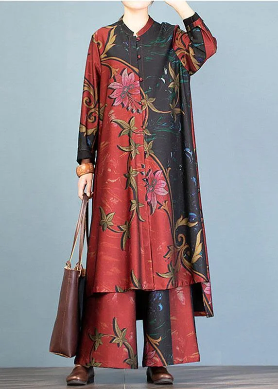 Best Offers of the Month!Best Offers of the Month!Autumn large size retro long coat jacket loose wide leg pants red printed two-piece suit Best Offers of the Month!Best Offers of the Month!Autumn large size retro long coat jacket loose wide leg pants red printed two-piece suit