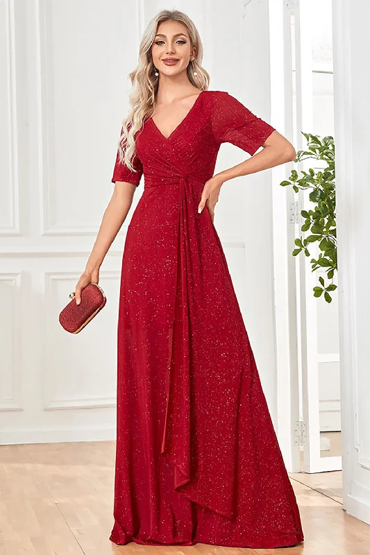 Burgundy Sparkly Short Sleeves V-Neck Long Prom Dress