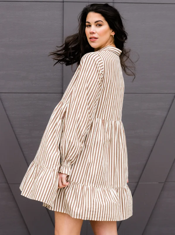 Your Chance to Save is Now!Your Chance to Save is Now!Aleesha Tiered Mini Shirtdress - Brown Cabana Stripe Your Chance to Save is Now!Your Chance to Save is Now!Aleesha Tiered Mini Shirtdress - Brown Cabana Stripe