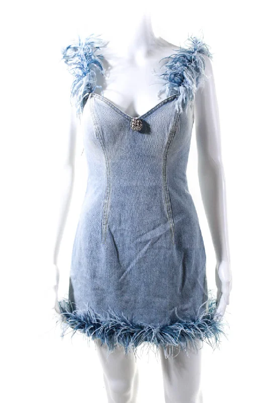 Score Huge Discounts Today!Score Huge Discounts Today!Area Womens Frayed Denim Feather Embellished Sleeveless Mini Dress Blue