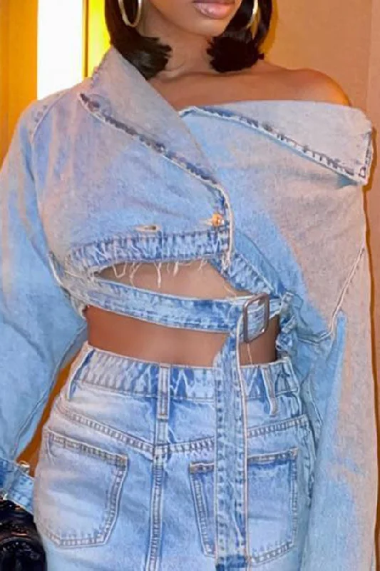 Score Big Savings Today!Score Big Savings Today!Blue Cool Irregular Buckled Denim Coat