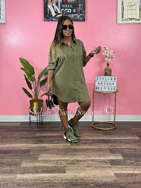 Get More for Less!Get More for Less!Casual Stroll V-Neck Oversized Shirt Dress (Olive Green) Get More for Less!Get More for Less!Casual Stroll V-Neck Oversized Shirt Dress (Olive Green)
