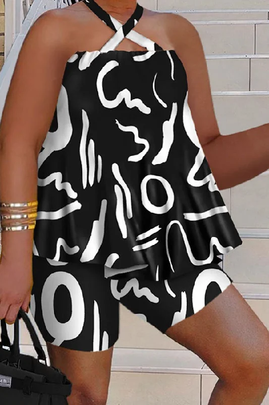 Only a Few Left – Order Now!Only a Few Left – Order Now!Graffiti Print Cute Cross Halter Pant Suit