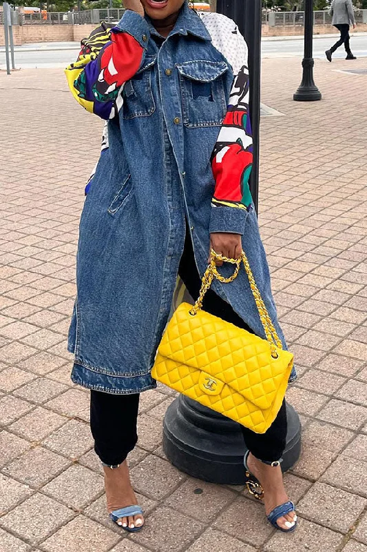 The Best Sale of the Year!The Best Sale of the Year!Graffiti Print Patchwork Hippy Denim Trench Coat