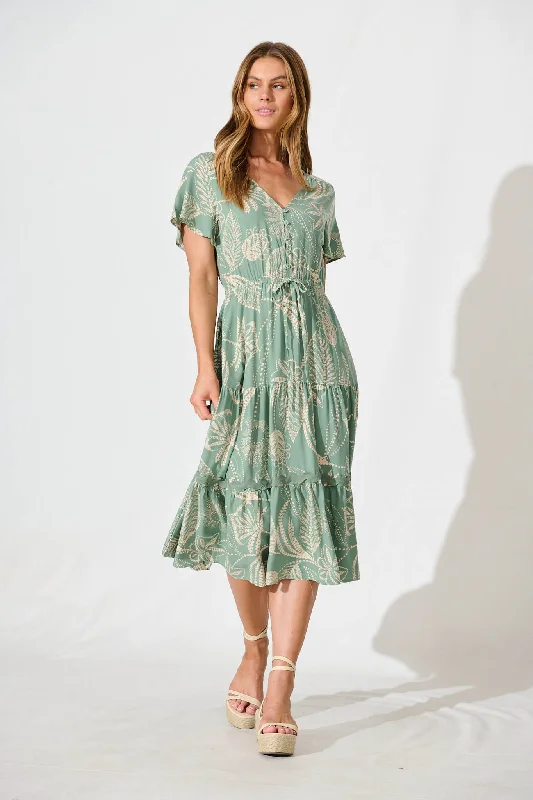 Shop the Hottest Deals!Laconia Dress In Khaki Print with Ric Rac Trim