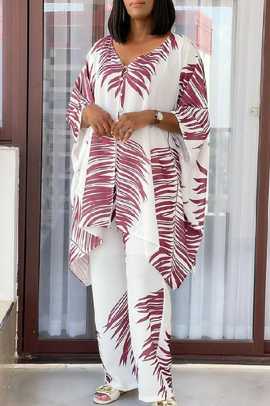 Your Discount is Waiting!Your Discount is Waiting!Leaf Print Relaxed High Low V Neck Pant Suit Your Discount is Waiting!Your Discount is Waiting!Leaf Print Relaxed High Low V Neck Pant Suit