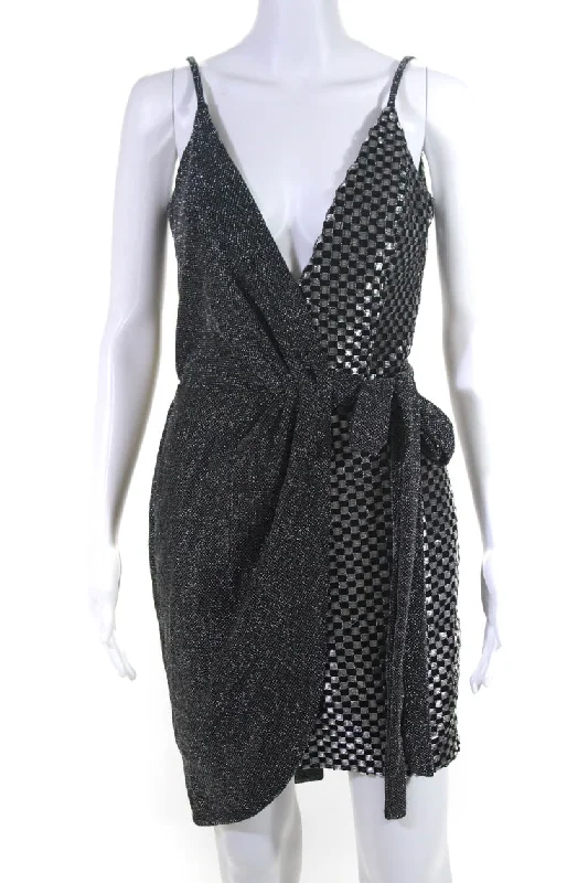 Save More with Every Purchase!Save More with Every Purchase!PatBO Womens Checker Draped Spaghetti Strap Mini Dress Black Silver Tone Save More with Every Purchase!Save More with Every Purchase!PatBO Womens Checker Draped Spaghetti Strap Mini Dress Black Silver Tone