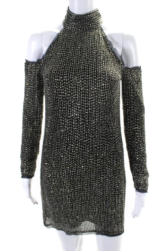 Today Only – Don’t Miss It!Rachel Zoe Womens Black Beaded Halter Cold Shoulder Long Sleeve Mini Dress
