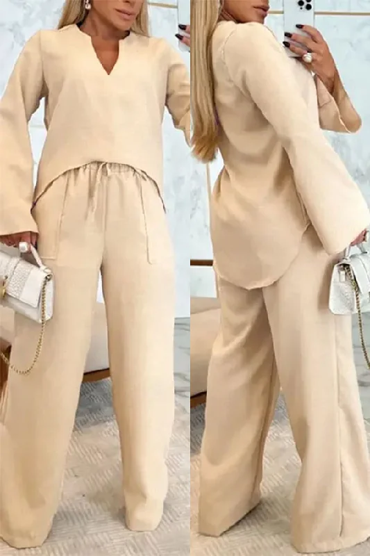 Top DealsTop DealsSolid Color Casual Drawstring Pocket High Low Pant Suit