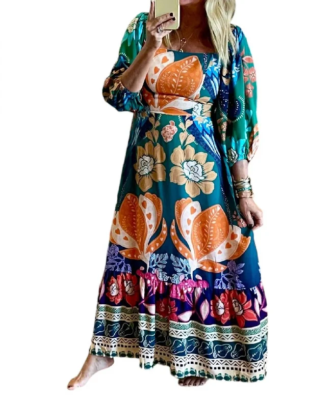 Get Ready to Save!Bohemian Bouquet Maxi Dress In Teal