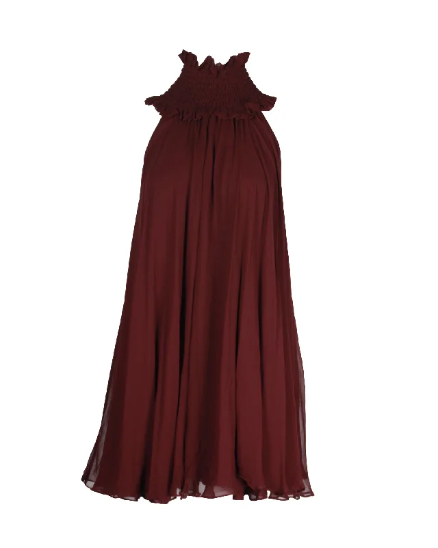 Get Ready to Save!Get Ready to Save!Caroline Constas Turtleneck Halter Mini Dress in Burgundy Silk