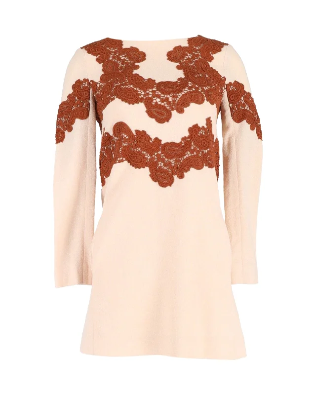 Score Huge Discounts Today!Score Huge Discounts Today!Chloe Lace-Trim Mini Dress in Beige Wool