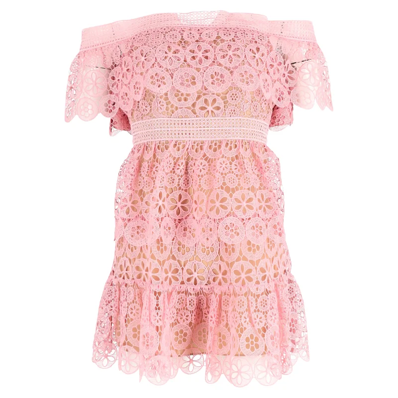 Your Discount is Waiting!Your Discount is Waiting!Self-Portrait Guipure Lace Off Shoulder Mini Dress in Pink Polyester