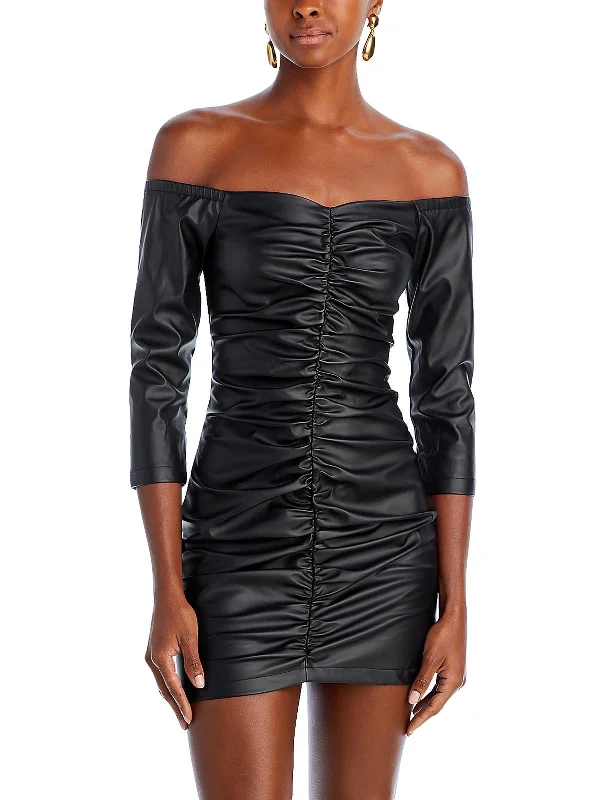 Shop the Hottest Deals!Shop the Hottest Deals!Womens Faux Leather Off-The-Shoulder Mini Dress