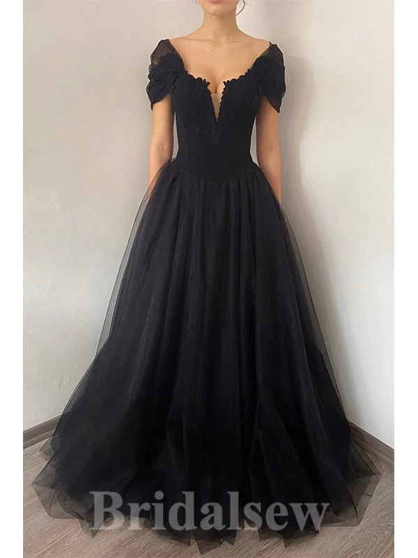 Hurry, Sale Ends Soon!Hurry, Sale Ends Soon!A-line Black Cap Sleeves Tulle Modest Princess Long Women Evening Prom Dresses PD736