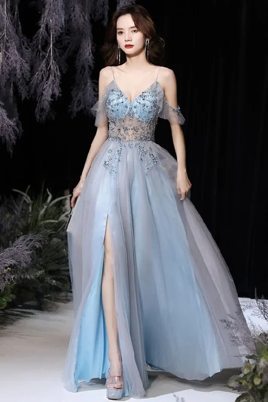 Hottest Discounts of the Year!Hottest Discounts of the Year!A-line blue tulle long formal prom dress with spaghetti straps and side slit cg21928 Hottest Discounts of the Year!Hottest Discounts of the Year!A-line blue tulle long formal prom dress with spaghetti straps and side slit cg21928
