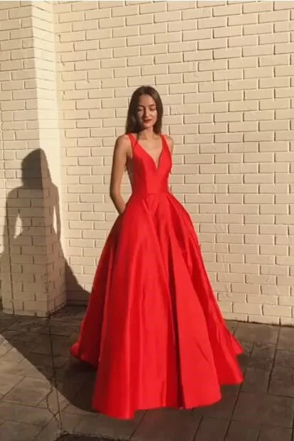 Save Up to 50% Off!Save Up to 50% Off!A-line Satin Red Prom Dress 2019 V-neckline Party Gowns
