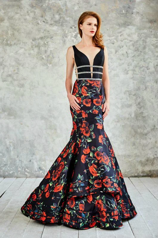 Time to Save Big!Angela & Alison Floral Print V-Neck Cutout Illusion Long Evening Gown 771030