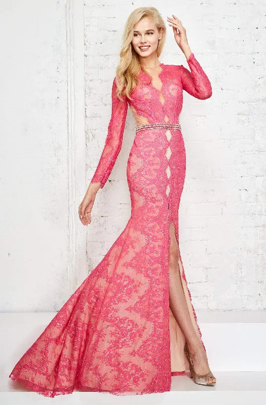 Don’t Wait – Shop Today!Angela & Alison Long Sleeve Illusion Lace High Slit Gown - 1 pc Fuchsia in Size 2 Available
