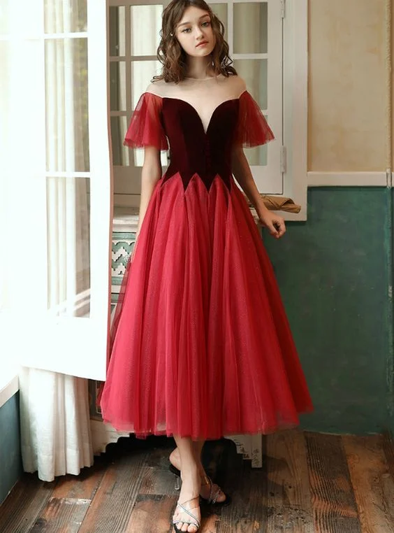 Bigger Savings, Better Shopping!Bigger Savings, Better Shopping!Burgundy Tulle Velvet See Through V-neck Tea Length Prom Dress cg21927 Bigger Savings, Better Shopping!Bigger Savings, Better Shopping!Burgundy Tulle Velvet See Through V-neck Tea Length Prom Dress cg21927