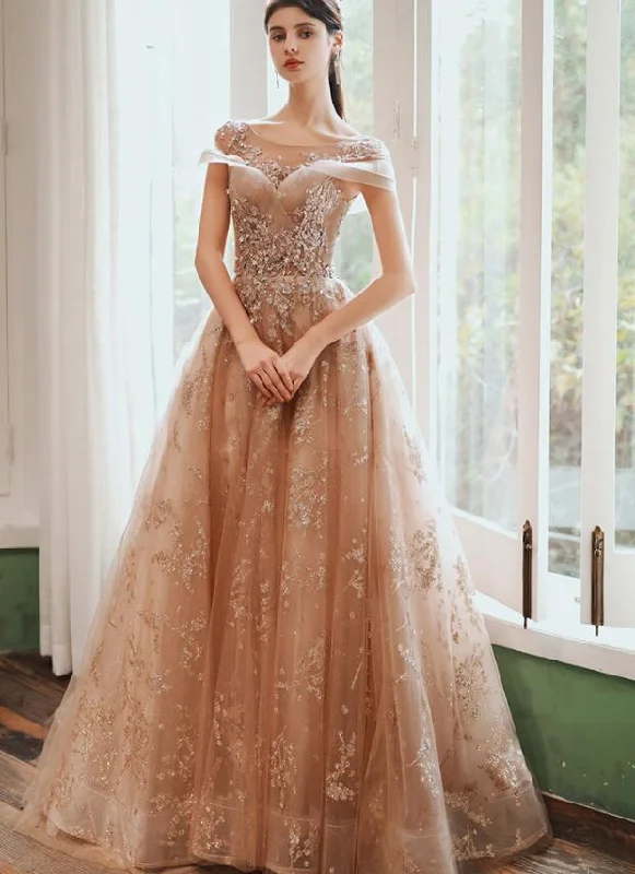 Limited Time Offer!Limited Time Offer!Champagne Cap Sleeves Tulle Long Party Dress, New Style Long Prom Dress Party Dress cg21918 Limited Time Offer!Limited Time Offer!Champagne Cap Sleeves Tulle Long Party Dress, New Style Long Prom Dress Party Dress cg21918