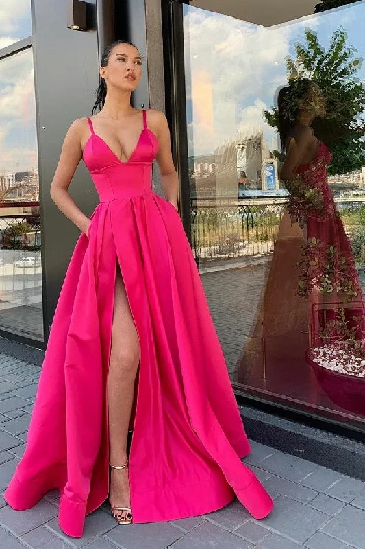 Shop More, Spend Less!Shop More, Spend Less!Fuchsia Satin Long Prom Dresses with Wide Waistband Shop More, Spend Less!Shop More, Spend Less!Fuchsia Satin Long Prom Dresses with Wide Waistband