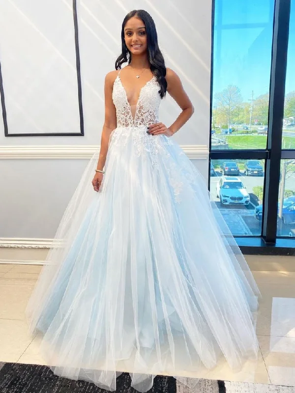 Top DealsTop DealsLIGHT BLUE TULLE LACE LONG PROM DRESS TULLE FORMAL DRESS    cg21978