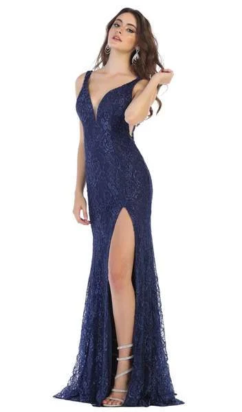 Your Wallet Will Thank You!Your Wallet Will Thank You!May Queen - Plunging V-Neck High Slit Lace Gown MQ1624 - 1 pc Navy In Size 2 Available Your Wallet Will Thank You!Your Wallet Will Thank You!May Queen - Plunging V-Neck High Slit Lace Gown MQ1624 - 1 pc Navy In Size 2 Available