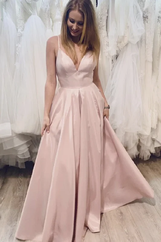 The Sale You’ve Been Waiting For!Pink v neck satin long A line prom dress evening dress    cg22027