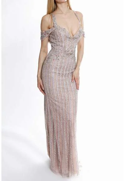 Hurry! While Supplies Last!Hurry! While Supplies Last!Terani Couture - Metallic Beaded Cutout Sheath Gown 1821GL7440 - 1 pc Blush Nude In Size 6 Available Hurry! While Supplies Last!Hurry! While Supplies Last!Terani Couture - Metallic Beaded Cutout Sheath Gown 1821GL7440 - 1 pc Blush Nude In Size 6 Available