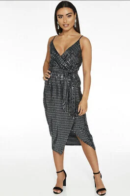 Limited-Time Price Drop!Black And Gunmetal Sequin Wrap Front Tie Belt Dress