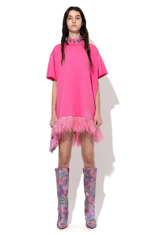The Best Offers Are Here!BRIGHT PINK FEATHER HEM T-SHIRT DRESS
