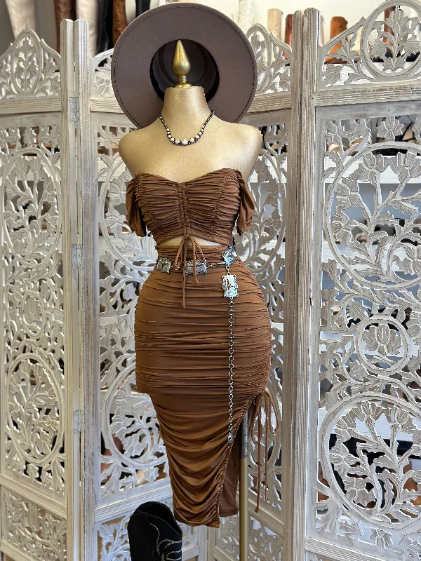Stock Up and Save!Stock Up and Save!Brown Ruched Cutout Dress- Stretchy