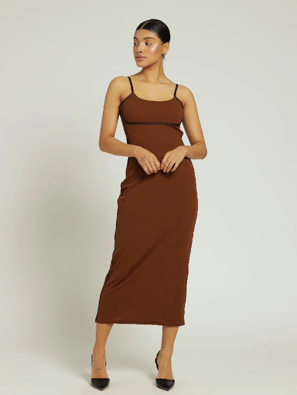 Shop Before It’s Gone!Contrast Binding Trim Bodycon Dress - Coffee