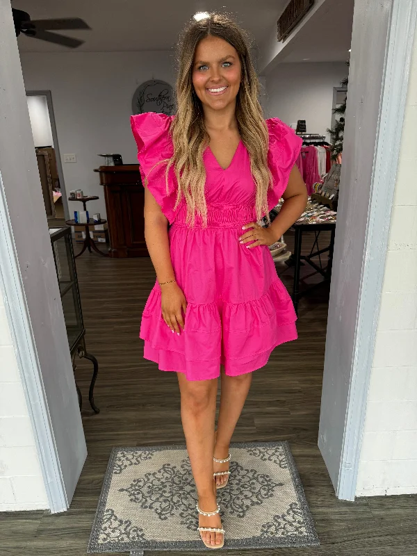 Limited Stock Available!Limited Stock Available!Hot pink flutter sleeve dress