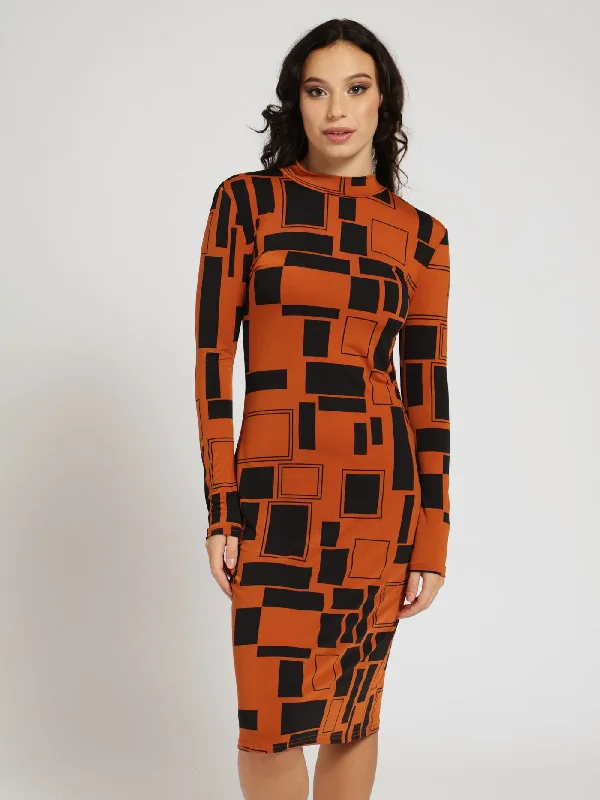 Great Deals, Just for You!Long Sleeve Print Bodycon Dress - Black/Brown