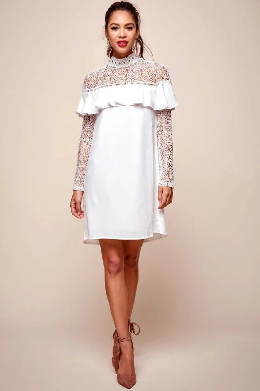 Lowest Prices Guaranteed!Lowest Prices Guaranteed!Mendes Lace Detailed High Neck Long Sleeved Dress White