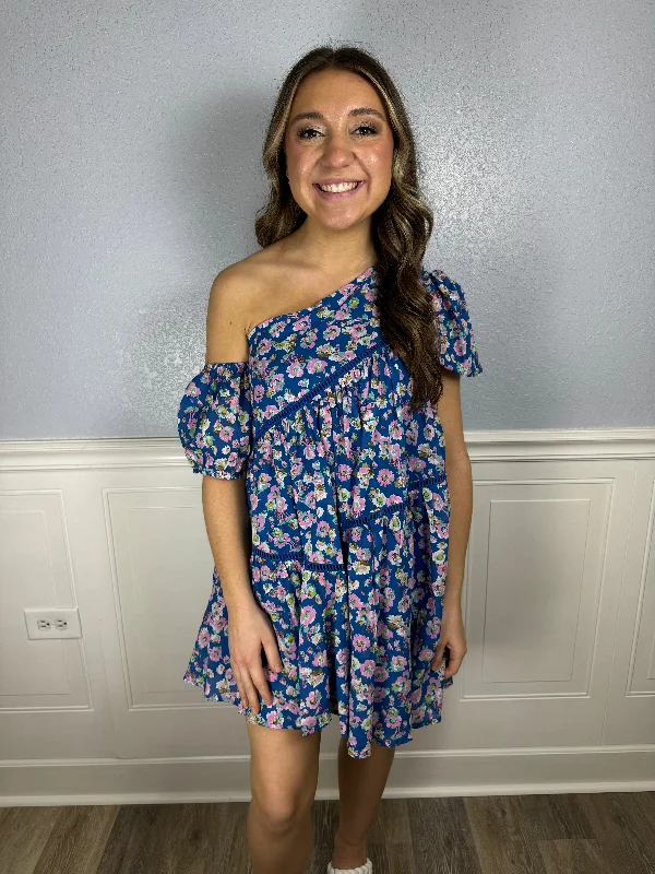 Get More for Less!Get More for Less!Navy floral asymmetrical neckline dress