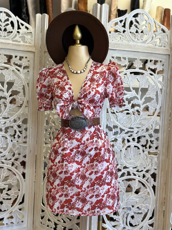 Your Shopping Spree Starts Here!Your Shopping Spree Starts Here!Red Floral Bow Tie Dress- Not Stretchy Your Shopping Spree Starts Here!Your Shopping Spree Starts Here!Red Floral Bow Tie Dress- Not Stretchy