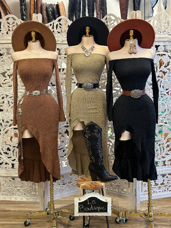 Every Deal is a Steal!Every Deal is a Steal!Ribbed Off Shoulder Ruffle Dress- Stretchy,Estira