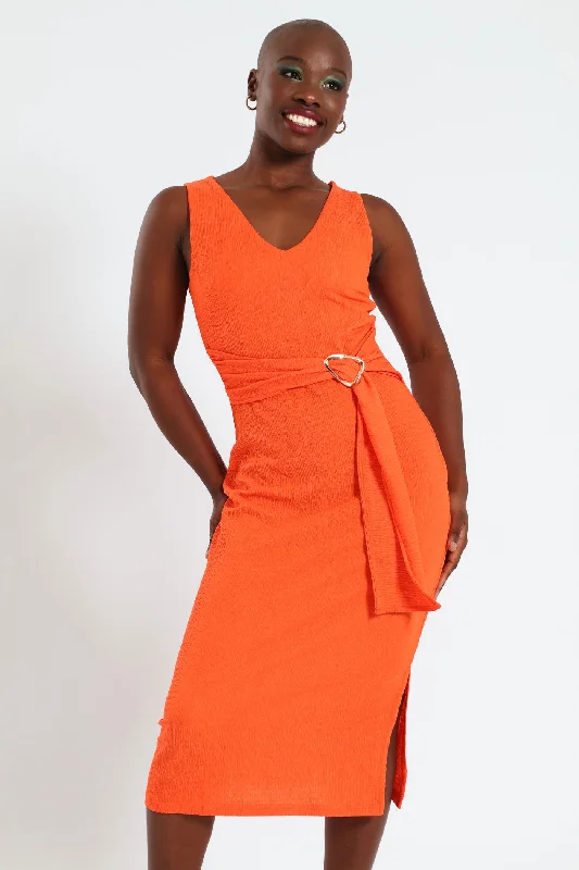 Best Deals Just for You!Waist Tie Buckle Trim Bodycon Dress - Burnt Orange