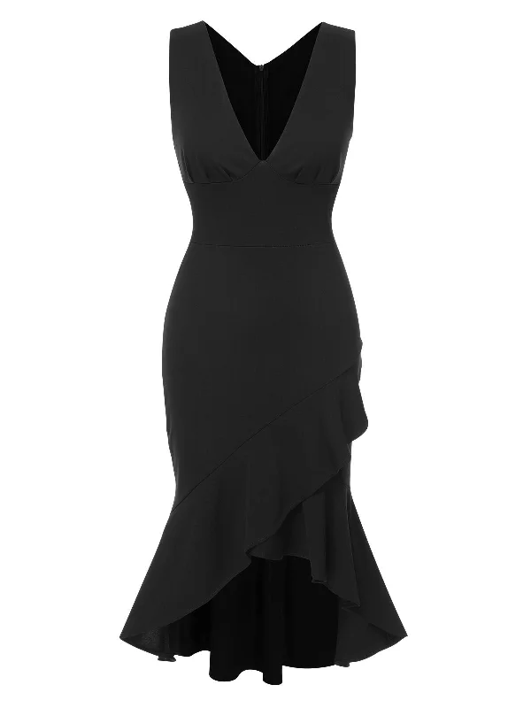 Buy More, Pay Less!Buy More, Pay Less!1930s V-Neck Solid Fishtail Bodycon Dress