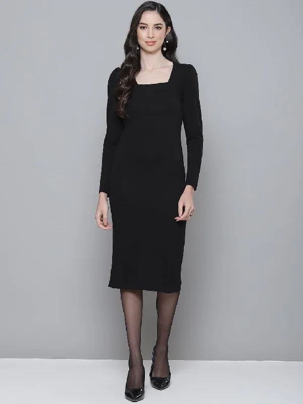 Limited Stock Available!Limited Stock Available!Black Rib Puff Sleeves Square Neck Bodycon Dress Limited Stock Available!Limited Stock Available!Black Rib Puff Sleeves Square Neck Bodycon Dress